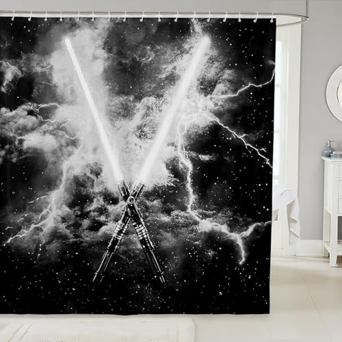 Teens Lightsaber Fabric Shower Curtain Gray Neon Lightning Glowing Shower Curtain Glitter Galaxy 72" W X 84" L Waterproof Bathroom Curtains for Kids Boys Girls Video Game Themed,Gradient Bath Curtains