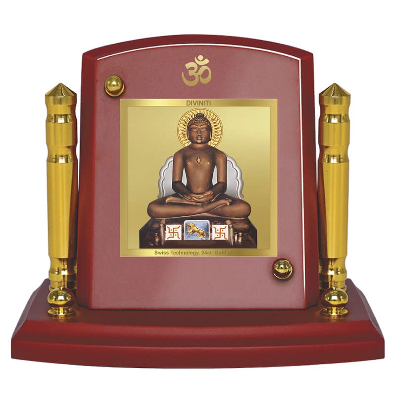 DIVINITI Lord Mahavir Photo Frame for Car Dashboard, Car Idol, Table Decor|MDF 1B P+ Wooden Frame with 24K Gold Plated Foil|Religious Frame For Pooja, Prayer and Gift (7x9cm)