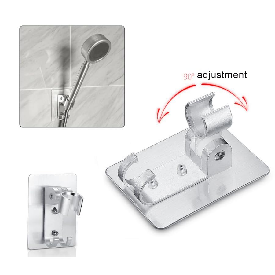 Cabilock Selbstklebender Duschkopfhalter – Verstellbar 90°, Silber, Aluminium, Für Glatte Flächen