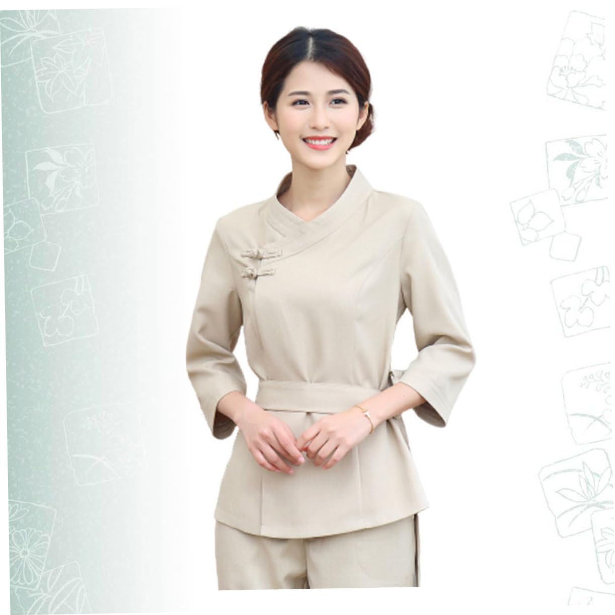 Healvian Uniforme de Técnico de Belleza Beige Cómodo y Plegable para Salón y Teñir el Cabello, Ropa de Trabajo en Poliéster y Spandex, Talla L a XXXL