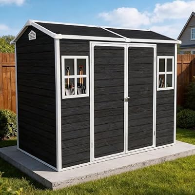 FammyLoft 8x4 FT Resin Shed with Floor Included, Plastic Sheds & Outdoor Storage Clearance with 2 Windows and Lockable Door for Backyard, Bike, Garden Tools (Black)