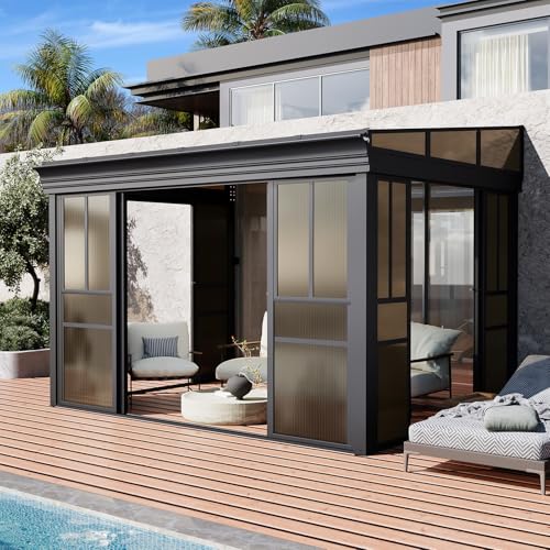 EROMMY 8x12 Lean-to Sunroom Gazebo Enclosed Patio Shelter with Sliding Doors Polycarbonate Roof and Gray-Tinted Panels Aluminum Frame for Backyard