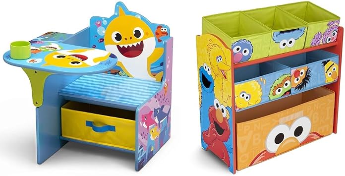 Delta Children Baby Shark Chair Desk with Storage Bin - Ideal for Arts & Crafts, Snack Time, Homeschooling, Homework & More Sesame Street 6 Bin Design and Store Toy Organizer