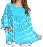 Sakkas Alannis Tie Dye Circle Poncho Top With With Wide Scoop Neck And Embroidery