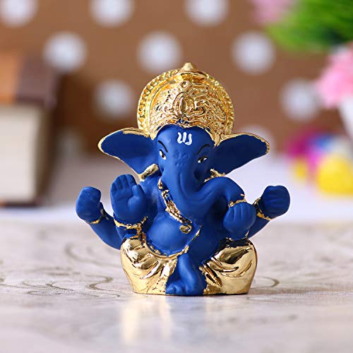 Image of eCraftIndia Gold Plated Blue Mukut Ganesha Decorative Showpiece for Home /Temple /Office /Car Dashboard