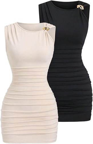 winkbay Women's 2 Pack Ruched Bodycon Tank Dress Summer Crew Neck Sleeveless Min
