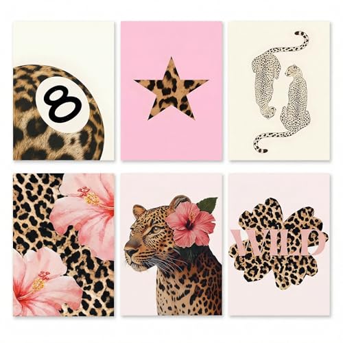 Satiskid Ensemble de 6 posters imprimé léopard pour chambre, décoration murale esthétique rose non encadrée, décoration de pièce à imprimé guépard...