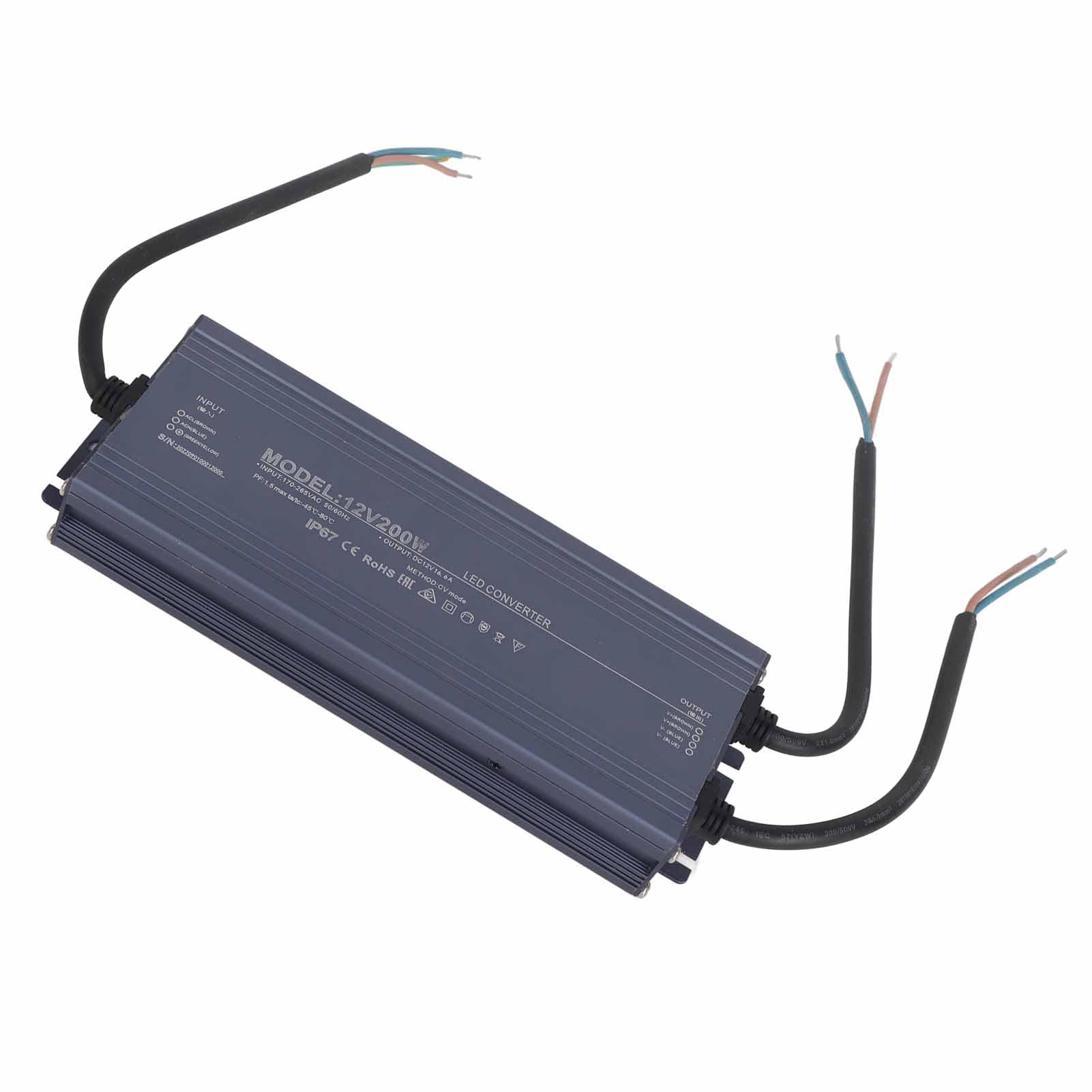 Wodoodporny Zasilacz 200W IP67 o Stałym Napięciu (12 V) | Obudowa ze Stopu Aluminium, Sterownik LED do Pasków i Szyldów, Przewód Zasilający z Rdzeniem Miedzianym, Kamery i Sprzęt
