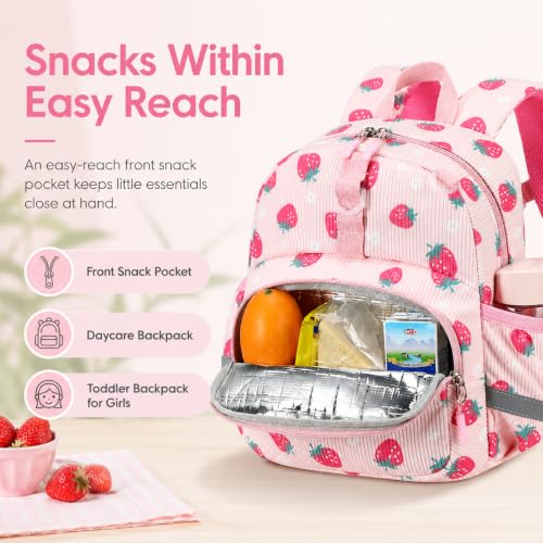 Image of LOIDOU Toddler Backpack for Girls Ages 2-4, 12 Inch Mini Preschool Daycare Bookbag with Insulated Snack Pocket, Corduroy Small Kids Travel Backpack, Pink Strawberry