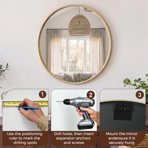 Image of Sweetcrispy 24 Inch Round Wall Mirror, Bathroom Mirrors for Over Sink, Matte Metal Framed Circle Vanity Mirror, Wall Decor for Bedroom, Entryway, Anti-Rust, Tempered Glass, Hanging or Leaning, Gold