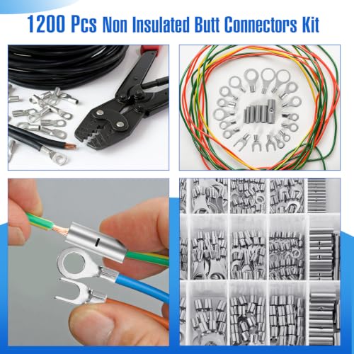 Tellegloww 1200pcs Non Insulated Ring Terminal Kit Butt Fork Connectors Kit, AWG 22-10 Copper Connector Seamless Uninsulated Butt Splice Wire Terminals Assortment Electrical Wire Crimp Connectors - Image 6