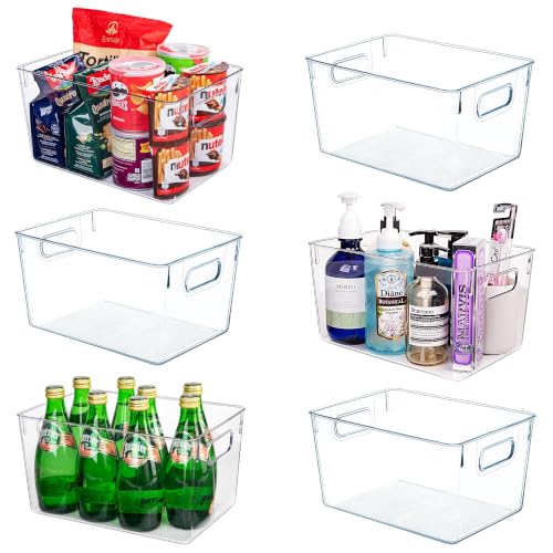 6 Pack Clear Plastic Storage Bins, Kitchen&Pantry Organizer Large | Heavy-duty 450g BPA-free PETG containers with handles for fridge, under-sink, bathroom, office, closet, and garage storage