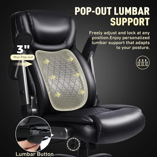 Image of 650 lbs Big and Tall Office Chair with Pop-Out Lumbar Support | Ergonomic High Back, 3D Flip-Up Armrests, Wide Pocket Spring Seat, 120 Rocking, Home & Office