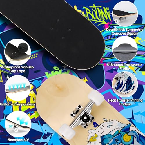 Image of Skateboards for Beginners Adults Youths Teens Kids Girls Boys 31 Inch Pro Complete Skate Boards 7 Layer Canadian Maple Double Kick Concave Longboards