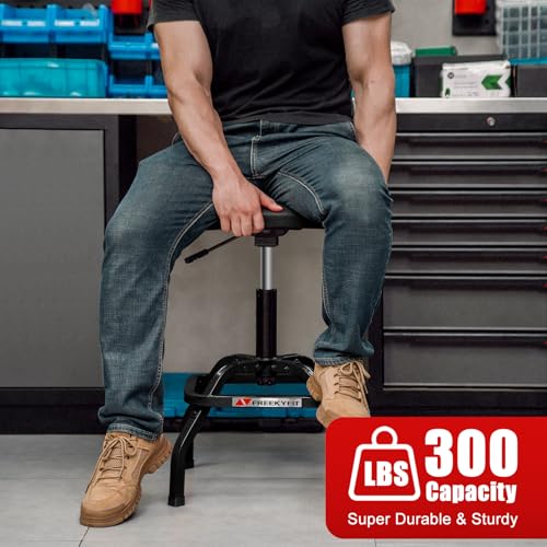 Image of Shop Stool with Backrest, Mechanic Garage Stool for Workshop, Adjustable Shop Stools Chair, Padded Workbench Stools for Men Women, 300 LBS Capacity, 360 Swivel PVC Seat, Heavy Duty, Black