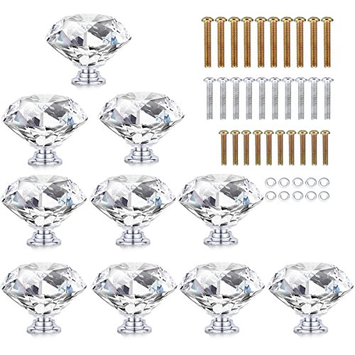 HOMEIDEAS 10PCS 40MM Crystal Drawer Knobs Glass Cabinet Knobs Diamond Shaped Drawer Pulls Handle for Home, Cabinet, Cupboard and Dresser, 3 Size Screws