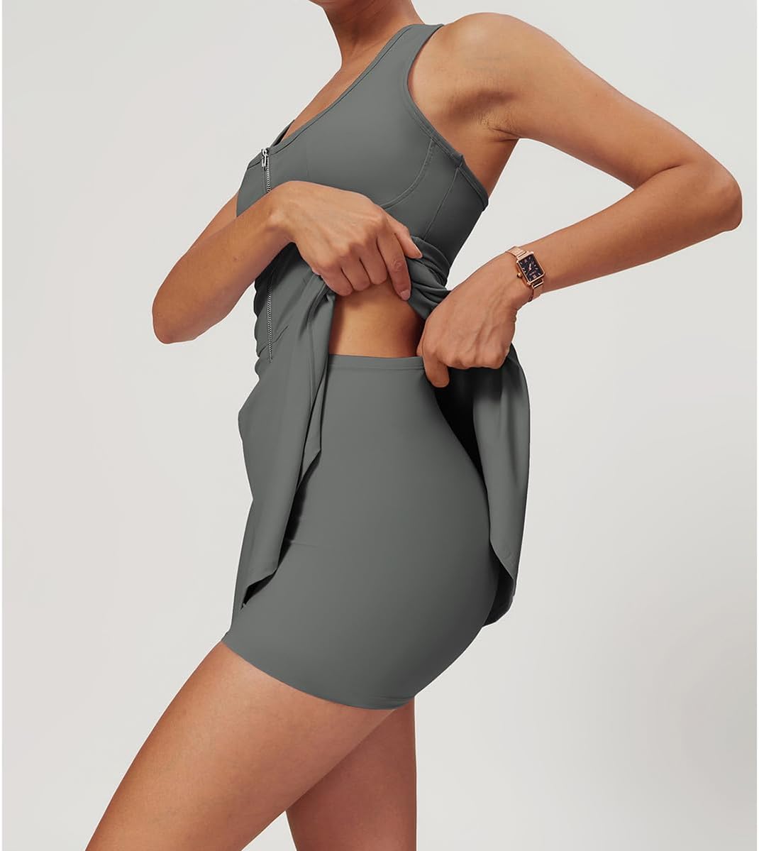Women's Zipper Tennis Skirt, Bodycon Sports Skirt with Built-in Shorts and Bra Sleeveless Side Slit Golf Mini Skirt