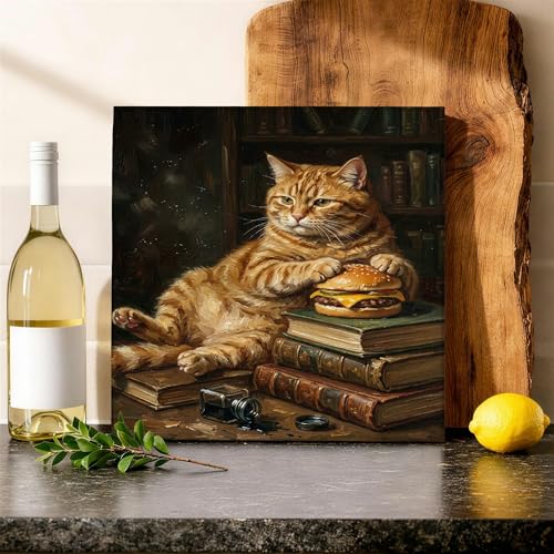 Stampa artistica da parete in tela con gatto, stile vintage con hamburger e libri di hamburger, stampa artistica da appendere per casa, sala da pranzo, bagno, cucina, ristorante, 30,5 x 30,5 cm