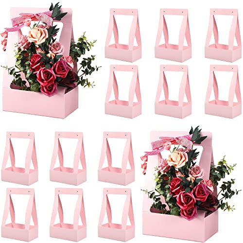 Teling 12 Pcs Mother's Day Flower Boxes for Arrangements Pink Flower Bags for Bouquets Paper Floral Gift Bag Portable Waterproof Floral Box with Handle for Wedding Mother's Day Party Florist Supplies