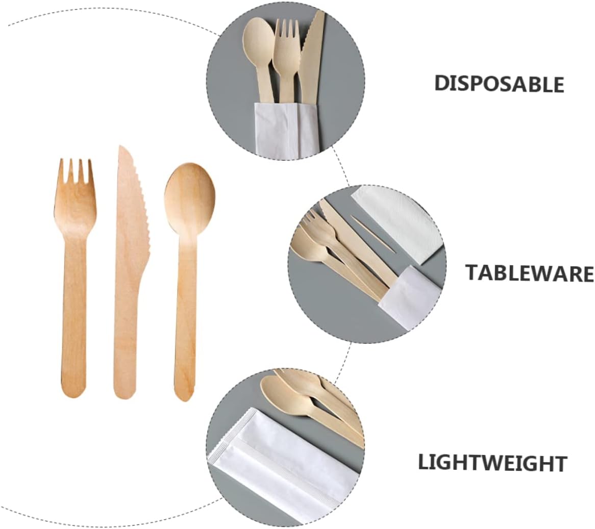 Alipis Wooden Spoons Forks Knives Eco-friendly Disposable Utensils Wood Cutlery Set for Events Home Restaurant