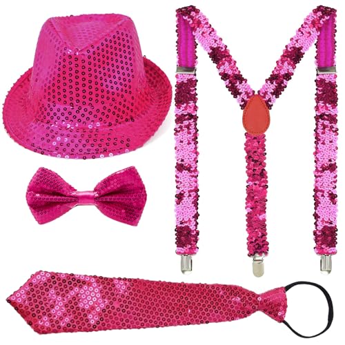 Ensemble à bretelles à paillettes chapeau et cravate pour fête et concert