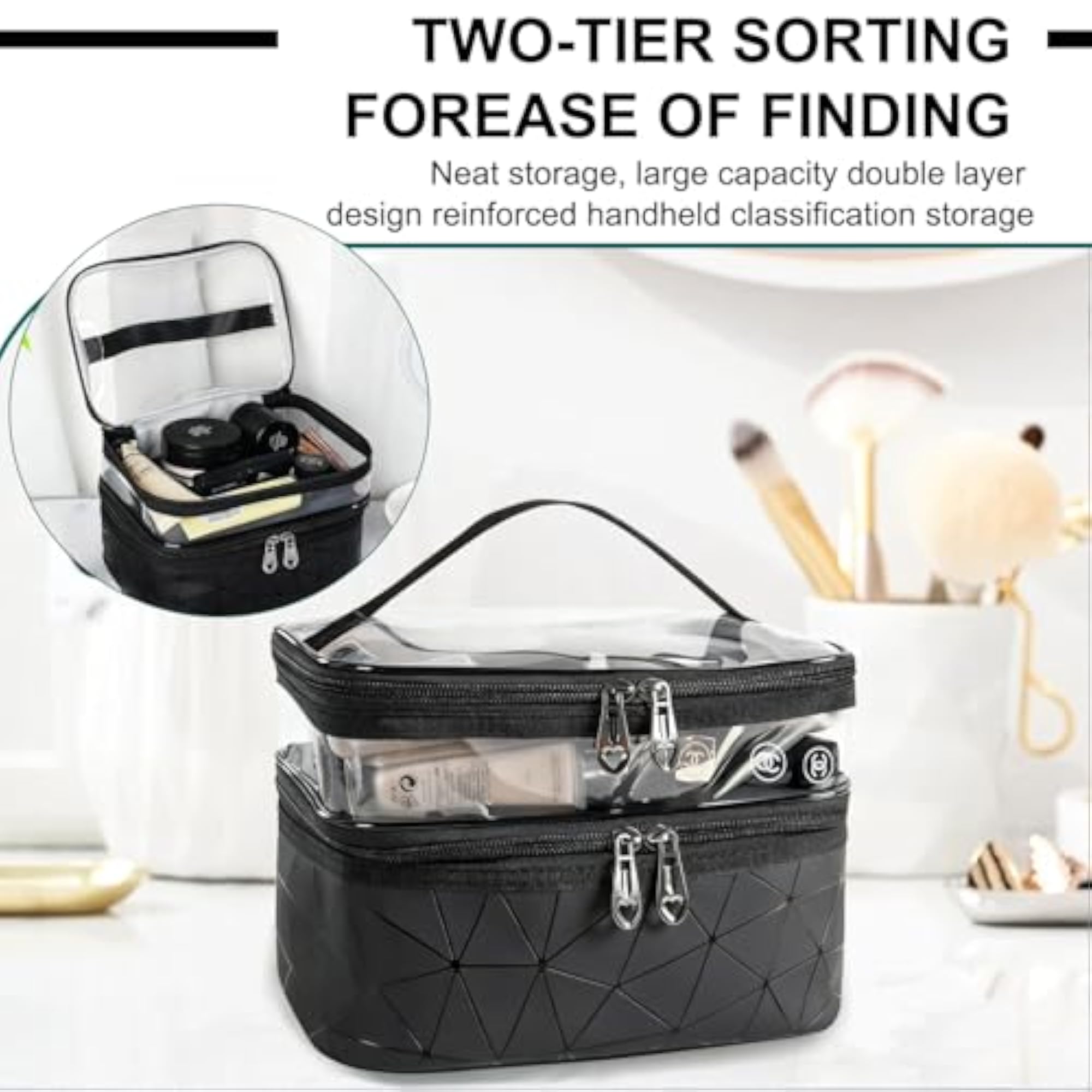 Travel Makeup Bag, 2Pcs Double Layer Large Cosmetic Bags