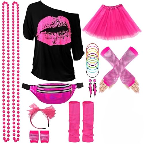 HUOQI 80er 90er Jahre Outfit Damen Damen Set Beinwärmer, Stirnband, Damen Neon Kostüm 80s Aerobic Outfit Kleidung Neon Aerobicbekleidung Theme 80er 90er Jahre Kostüm für 80er kostüm Fasching