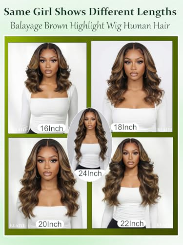 Image of KLAIYI Bye Bye Slip Ombre Balayage Brown Loose Body Wave 7X5 Pre Cut Lace Front Human Hair Wig Drawstring Glueless Highlight Pre Plucked Bleached Knots Wig with Face Framing Bangs 180% Density 24Inch