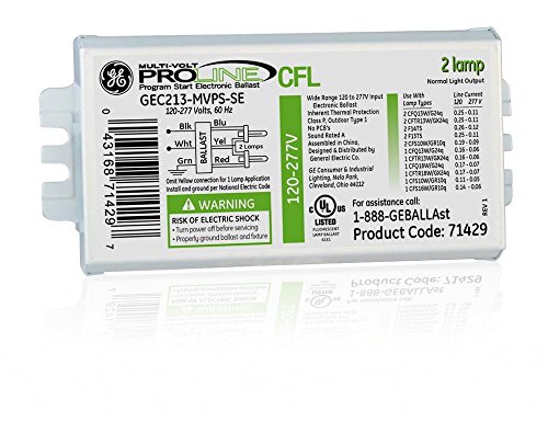 GE 71430 Programmed Rapid Start Electronic CFL Ballast For 1-2 CFQ13W/G24Q Lamps Run AT 120/277V (GEC213MVPS-3W)