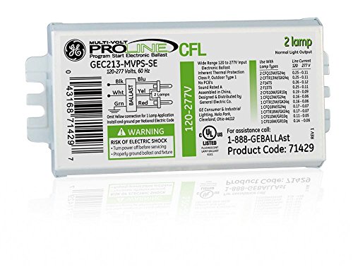 GE 71430 Programmed Rapid Start Electronic CFL Ballast For 1-2 CFQ13W/G24Q Lamps Run AT 120/277V (GEC213MVPS-3W)