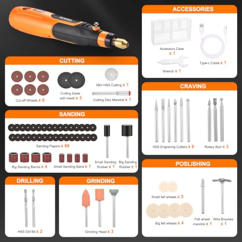 Image of Rotary Tool Kit Cordless 4V W / 105pcs Accessories, 3-Speed, USB-C | Orange Electric Mini Power Rotary Tool Max 15000RPM Battery Power & Charging for Polishing, Grinding, Cutting, Engraving
