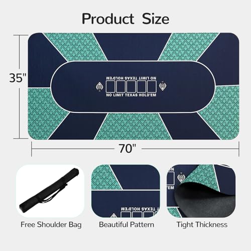 FURUISEN Waterproof Professional Poker Mat, 8 Player Portable Rubber Texas Hold'em Poker Table Top Layout w/Zipper Handbag to Play Cards, Poker Games, Blackjack, Casino 70'' x 35''
