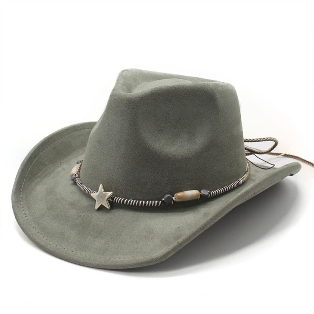 Sombrero de vaquero occidental, marrón, material de fieltro, banda de sombrero con cuentas de estrella, correa ajustable para la barbilla