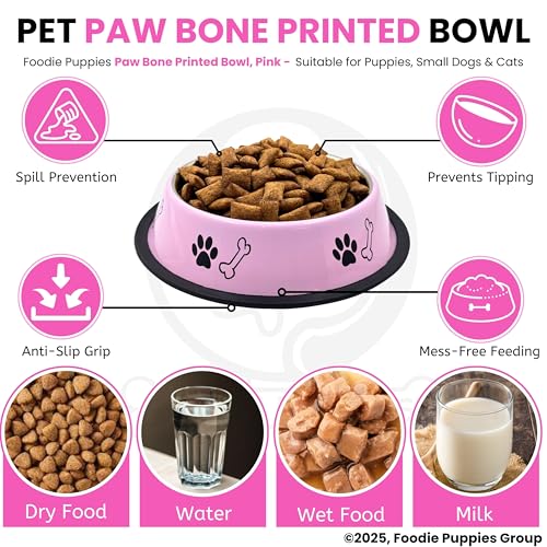 Image of Foodie Puppies Stainless Steel Pet Feeding Paw & Bone Print Bowl - 450ml (Baby Pink - Small) for Small Dogs & Puppies | Food /Water Feeding Anti-Slip /Skid Rubber Base Bowl | Non-Toxic & 100% Safe