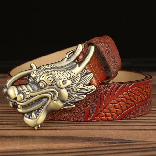 Dragon Pattern Embossed Snap Belt 38mm Vintage Western Leather Strap Bronze Buckle with Handmade Engraved Dragon Head4