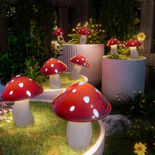 Upgraded Solar Mushroom Lights Outdoor, 9 Pack Garden Stake Light with 8 Lighting Modes, IP65 Waterproof Solar Pathway Fairy Decor for Yard/Flower Bed/Patio/Landscape/Backyard, 30 FT