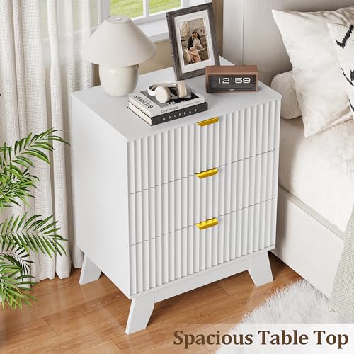Image of Fluted Nightstand Sets of 2 with 3 Large Drawers, Wooden Side End Table with Elevated Legs for Easy Cleaning, Sturdy Modern Beside Table for Small Space, Bedroom, White, 24 inch L
