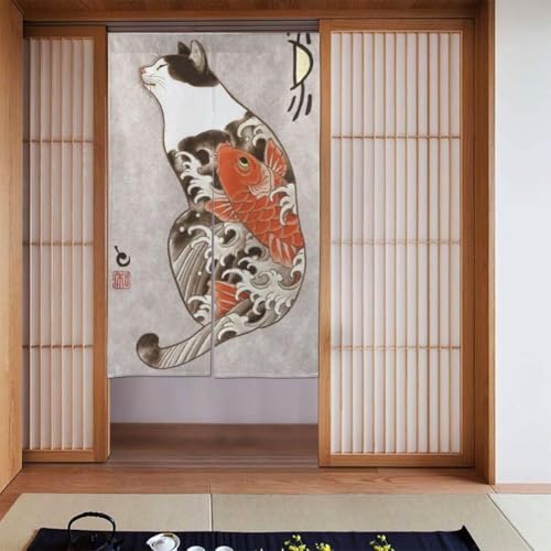 のれん 和風 浮世絵 猫柄 間仕切り おしゃれ 遮光 目隠し 暖簾 ドアカーテン 北欧 厚手 断熱防寒 インテリア リビング キチン ロング カーテン 玄関 飲食店 出入り口 洗面所 台所用 四季兼用 86x143cm