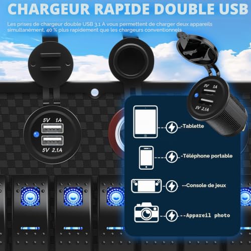 Voltmètre numérique et double USB sur panneau d'interrupteur étanche 12V Geloo - 4