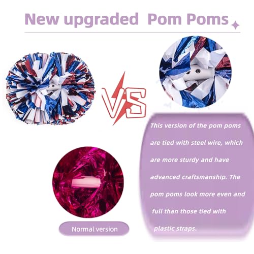 Aimengyingaizimo 2 Pack Pom Poms Cheerleading, Cheerleading Pom Poms for Girls with Baton Handle, Cheer Pompoms for Sports Team Spirit Cheering, Pompoms Cheerleader Kids(Metallic Blue&Red&White) - Image 2