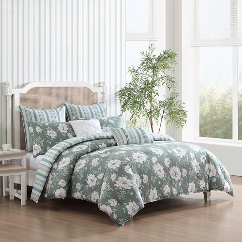 Image of Laura Ashley - Full /Queen Comforter Set, Premium Cotton Bedding with Matching Shams, Includes Bonus Decorative Pillow Covers, Floral Home Decor, Oeko-Tex Certified (Wisley Floral Green, Full /Queen)
