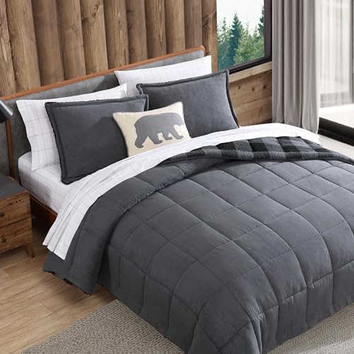Image of Eddie Bauer - Twin Comforter Set, Microsuede Bedding with Soft Plush Faux Shearling Reverse, 2 Piece Bed Set with Matching Pillowcase (Cabin Plaid Grey)
