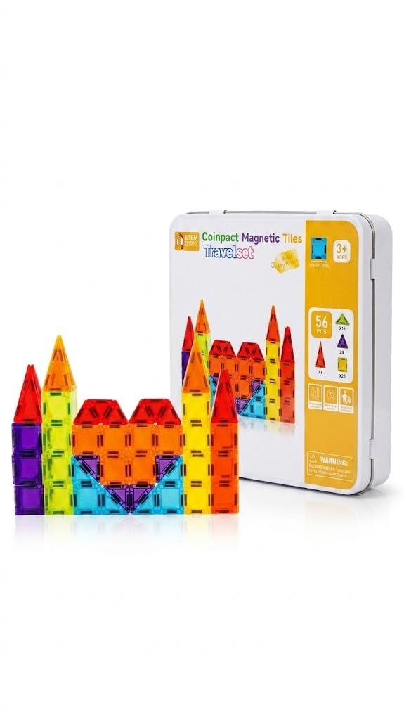 Happy Hues 56 Pcs Mini Magnetic Tiles Travel Set– STEM Magnetic Building Blocks with Tin Storage Case, Safe BPA-Free Educational Toy for Toddlers & Kids Ages 3+-image-27