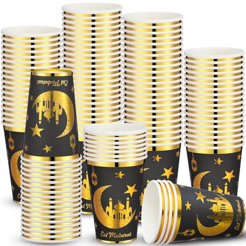 Domensi 100 Pack Ramadan Eid Mubarak Cups 12 Oz Ramadan Muslim Disposable Coffee Cups Bulk Gold Foil Paper Cup Hot Cold Beverage Drinking Cups for Eid Islamic Party Supplies Decorations(Black)