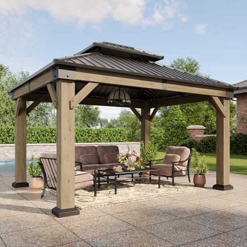 Aoxun 10x12 Outdoor Wooden Gazebo with Steel Roof
