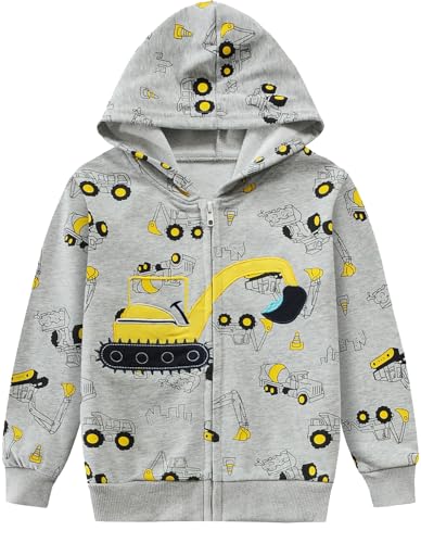 EULLA Kinder Jungen Zip Up Hoodie Sweatjacke Kapuzenjacke Bagger Kapuzenpullover Langarm Baumwolle Pullover Hoody Sweatshirt mit Reißverschluss 6# Grau Bagger DE 98