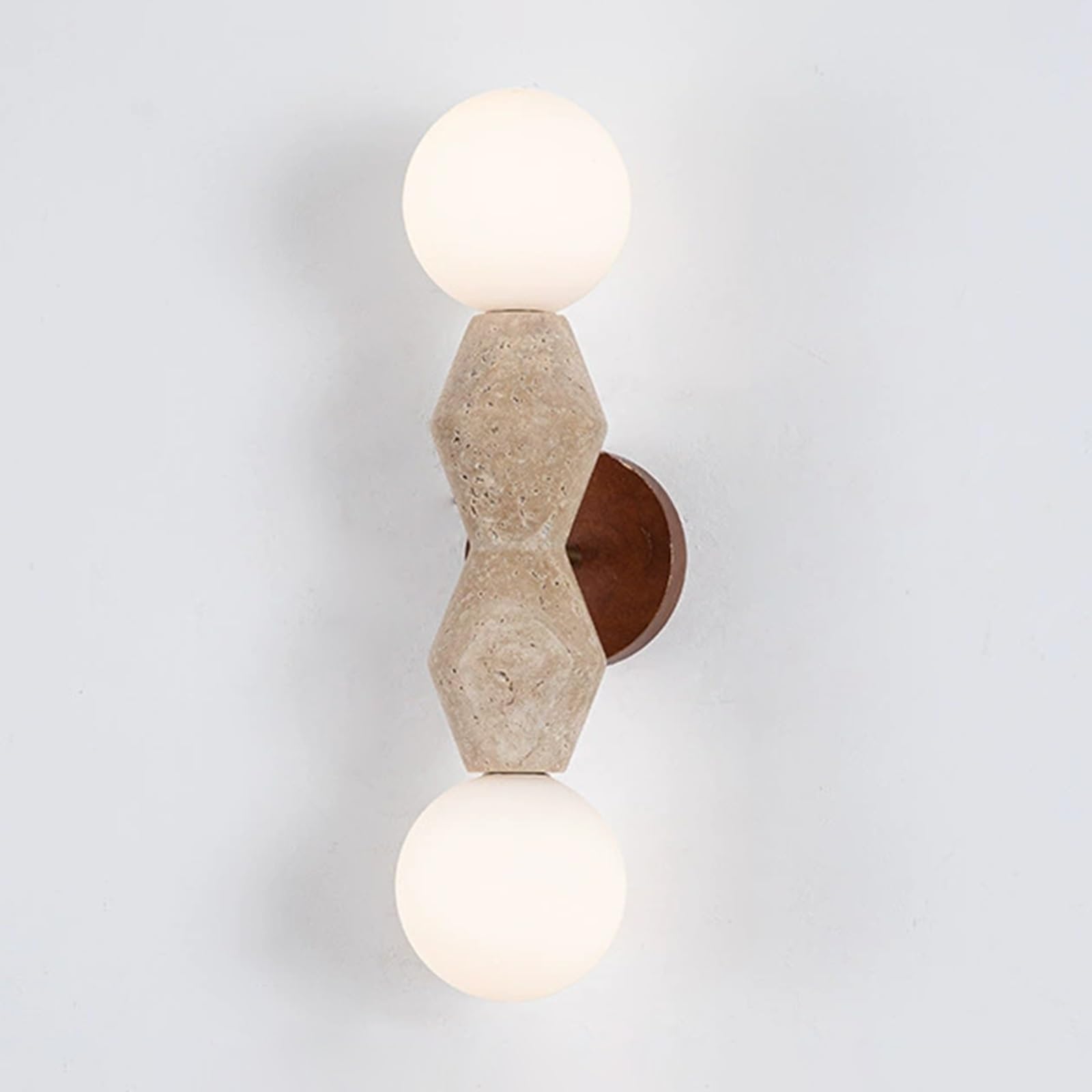 SXWNBIFH Modern Travertine Wall Sconce, 15.7" Geometric Wall Light with Frosted Glass Globes, G9 Bulb Compatible, Wood Backplate Wall Lamp for Bedroom, Hallway, Living Room, Bathroom Vanity