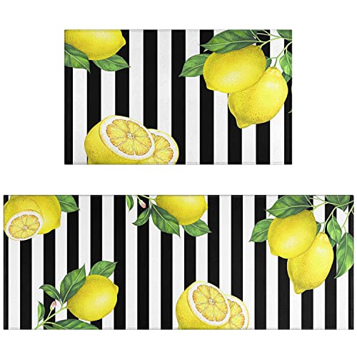 Ideasonna Lemon Kitchen Rug Mat Set Of 2 Black And White Stripe Kitchen Rugs Kitchen Floor Mats Non Slip Washable Lemon Kitchen Decor Decorations #TOP6