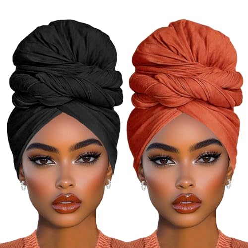 COOKOO 2 Piece Stretch Jersey Turban Head Wraps African Women's Headwraps Breathable Super Soft Head Bands Fashion Head Scarf Hijab Scarves Large Muslim Headwrap for Women(Black+Orange)
