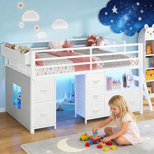 La Mejor Recopilación de Camas Infantiles para Niños disponible en línea. 42 MYXSRI Base de Cama para Niños, Cama Alta Twin con 7 Cajones De Almacenamiento, Estantería Y Luces Led, Barandilla De Seguridad, Escalera Y Espacio De Juegos Debajo De La Cama...